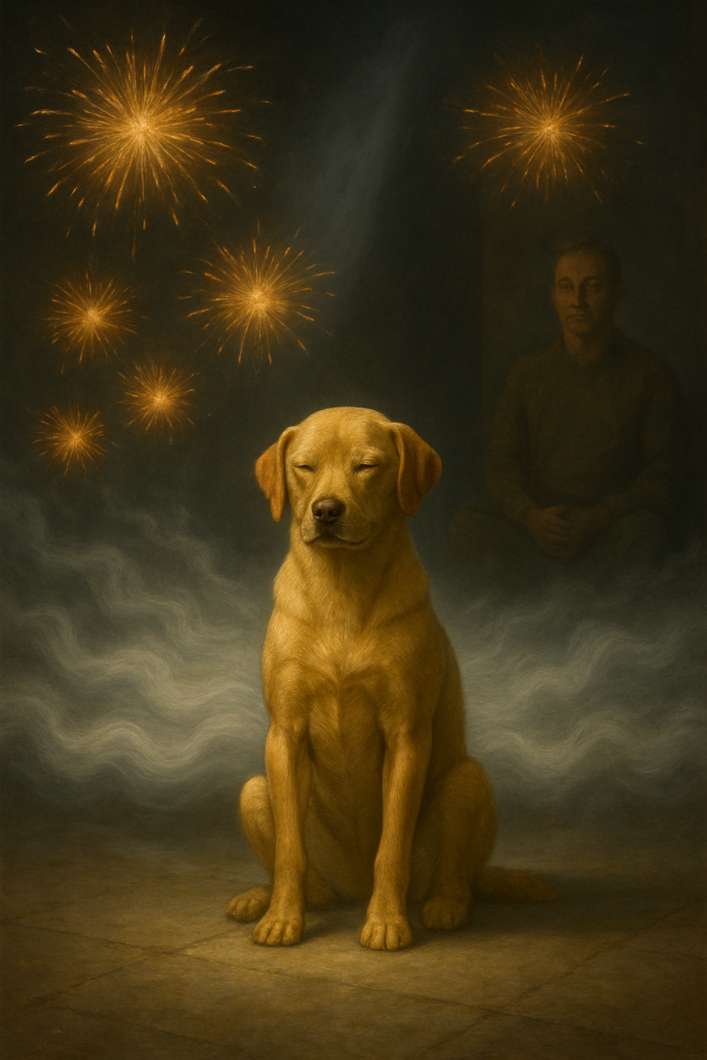 Cachorro calmo durante fogos de artifício